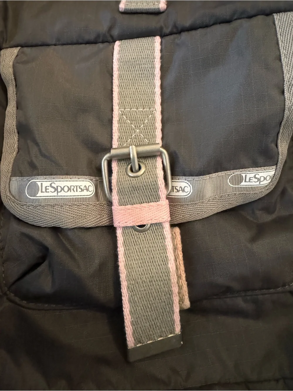 LeSportsac Grey Nylon Drawstring Backpack with Pink Trim